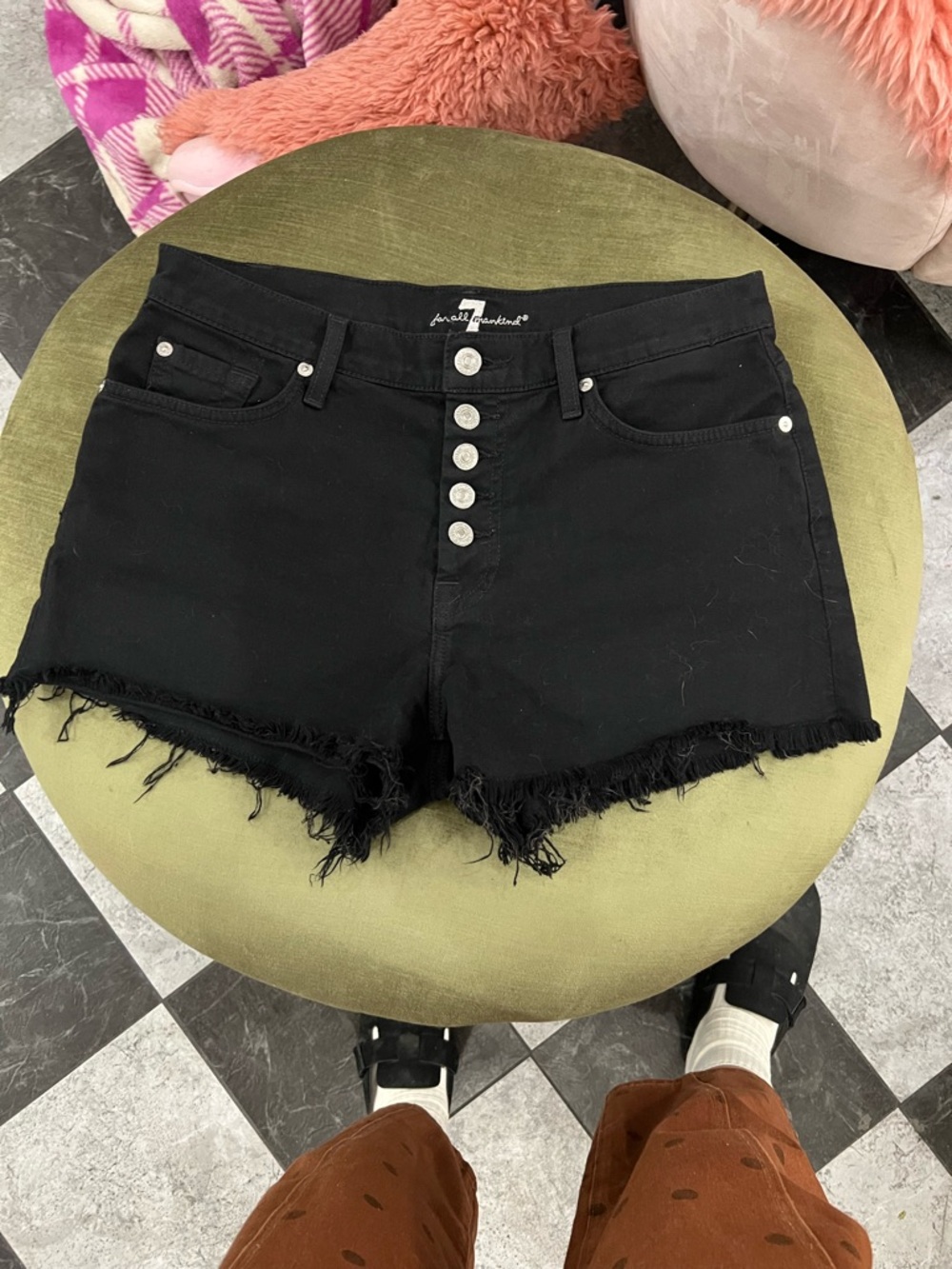7 For All Mankind Black Frayed Button-Front Denim Shorts